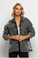 Jean jacket με φθορές και στάμπες ανθρακί Jean jacket με φθορές και στάμπες ανθρακί