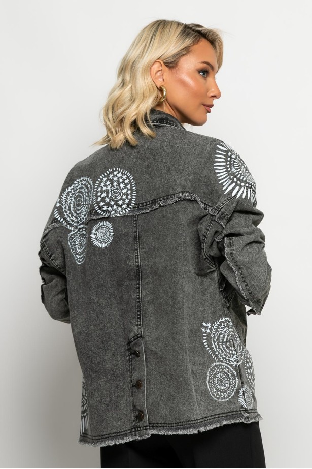 Jean jacket με φθορές και στάμπες ανθρακί Jean jacket με φθορές και στάμπες ανθρακί