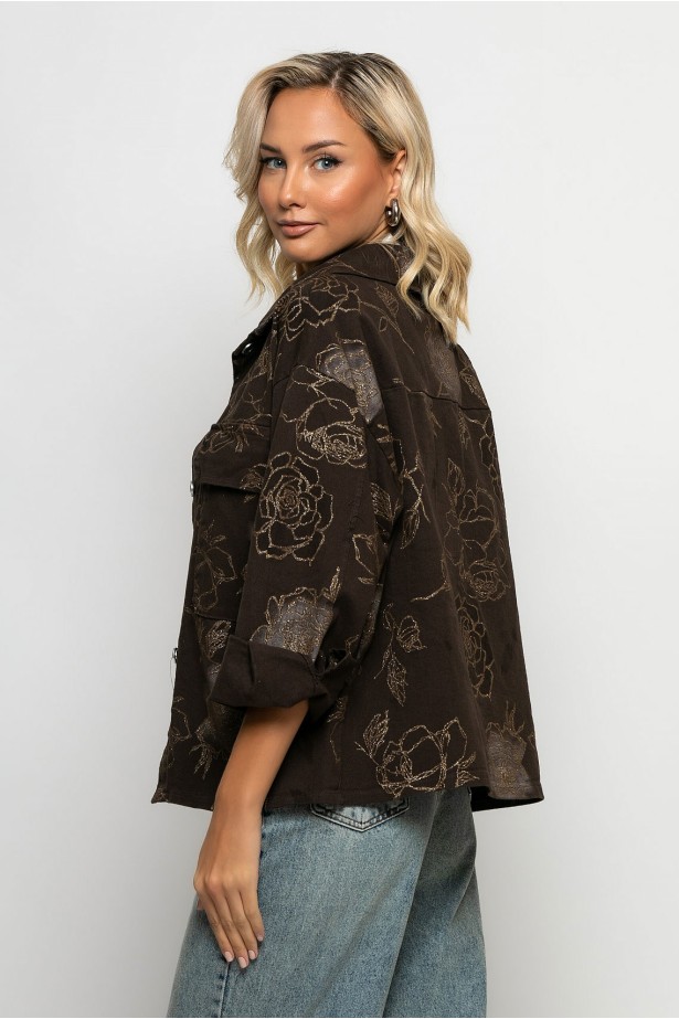 Jean jacket με lurex flowers καφέ Jean jacket με lurex flowers καφέ