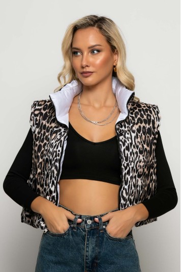 Puffer αμάνικο double face leopard print καφέ
