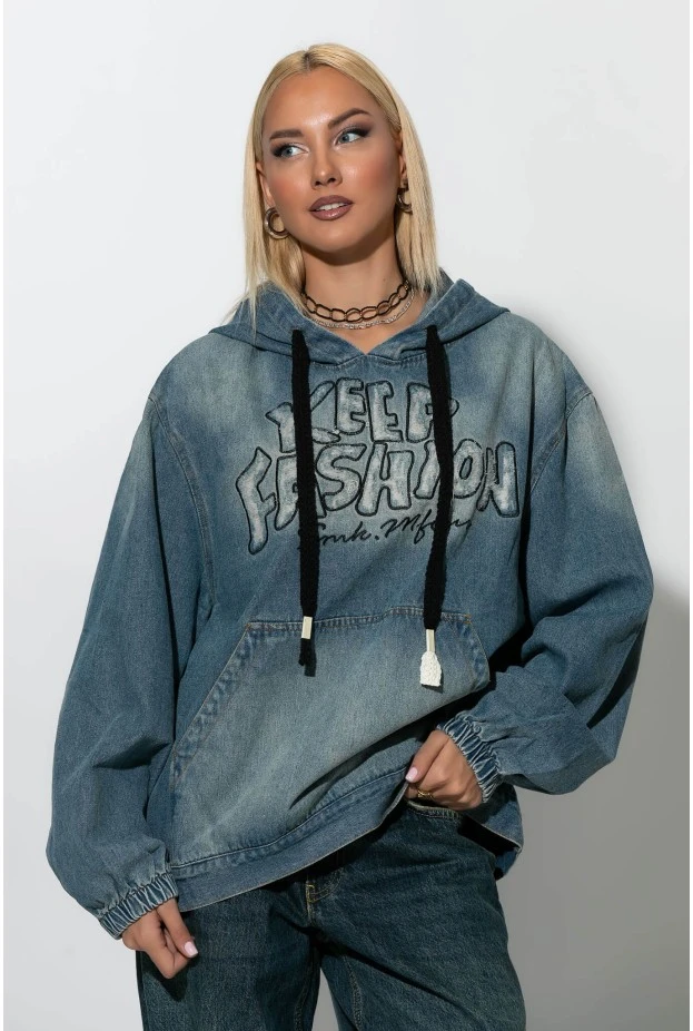 Oversized jean μπλούζα με κουκούλα μπλε 