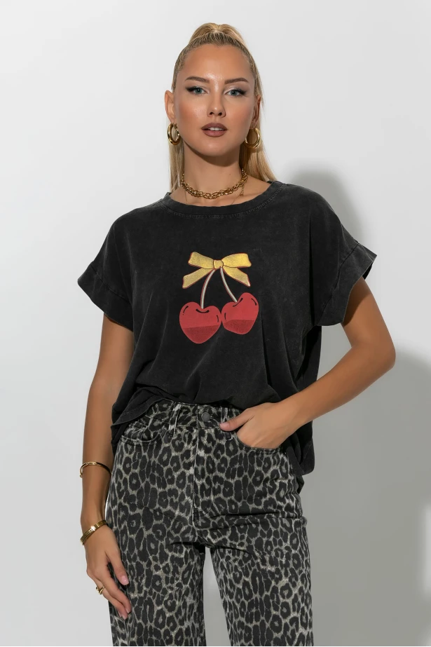 T-shirt με στάμπα cherry ανθρακί