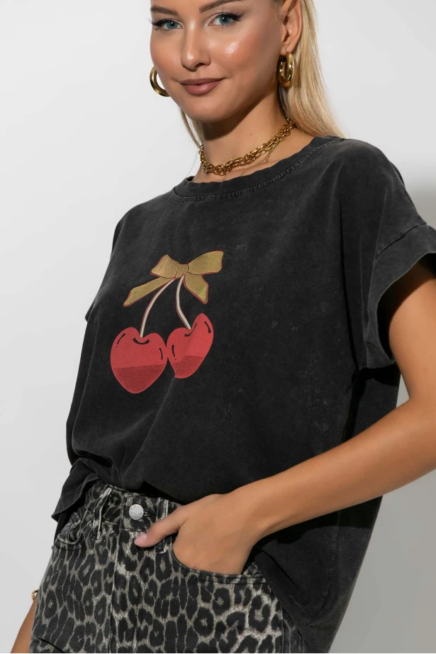 T-shirt με στάμπα cherry ανθρακί