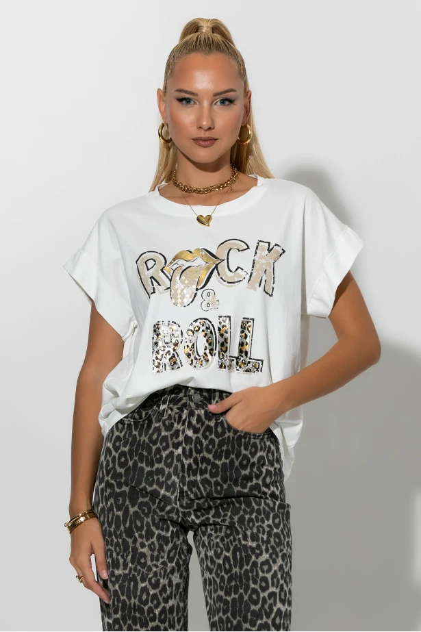T-shirt με στάμπα rock and roll λευκό T-shirt με στάμπα rock and roll λευκό