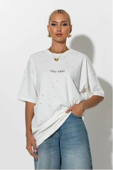 Oversized t-shirt με στρας και στάμπα you feel λευκό
