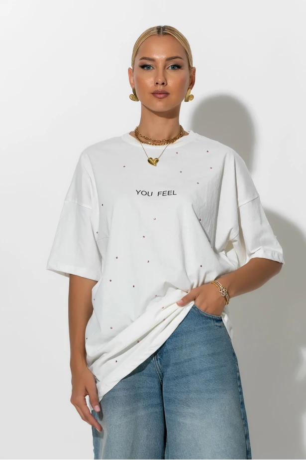 Oversized t-shirt με στρας και στάμπα you feel λευκό Oversized t-shirt με στρας και στάμπα you feel λευκό