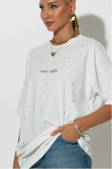 Oversized t-shirt με στρας και στάμπα you feel λευκό