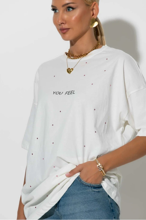 Oversized t-shirt με στρας και στάμπα you feel λευκό Oversized t-shirt με στρας και στάμπα you feel λευκό