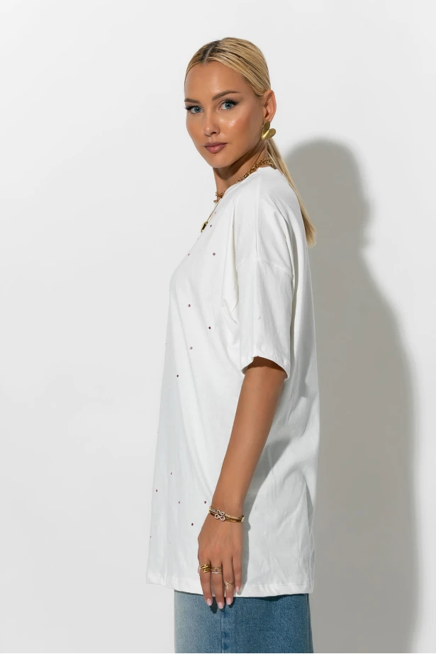 Oversized t-shirt με στρας και στάμπα you feel λευκό Oversized t-shirt με στρας και στάμπα you feel λευκό