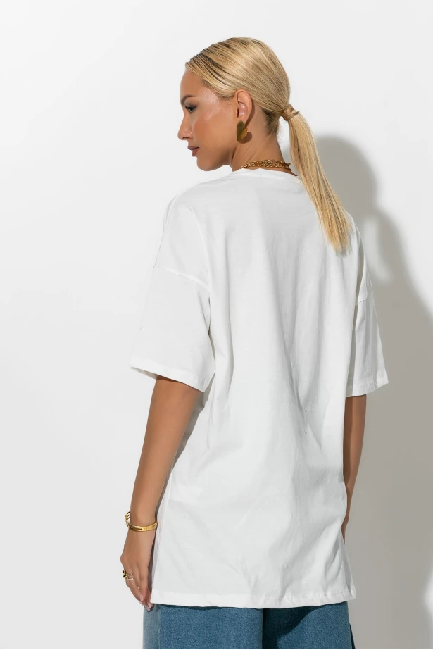 Oversized t-shirt με στρας και στάμπα you feel λευκό Oversized t-shirt με στρας και στάμπα you feel λευκό