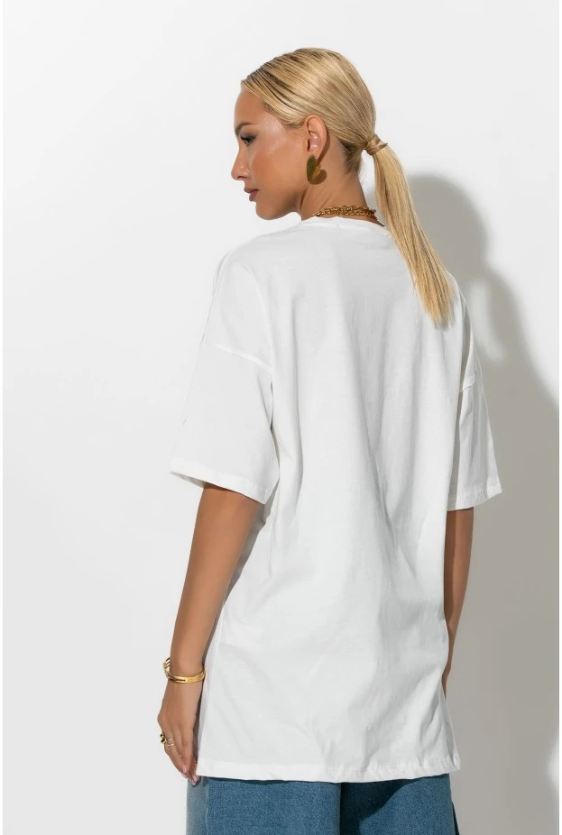 Oversized t-shirt με στρας και στάμπα you feel λευκό