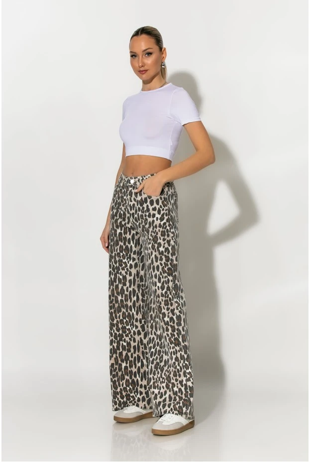 Jean wide leg λεοπάρ μπεζ ανοιχτό