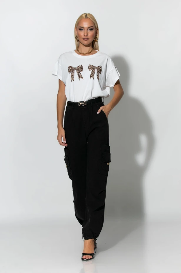 T-shirt με στάμπα λεοπάρ φιογκάκια λευκό