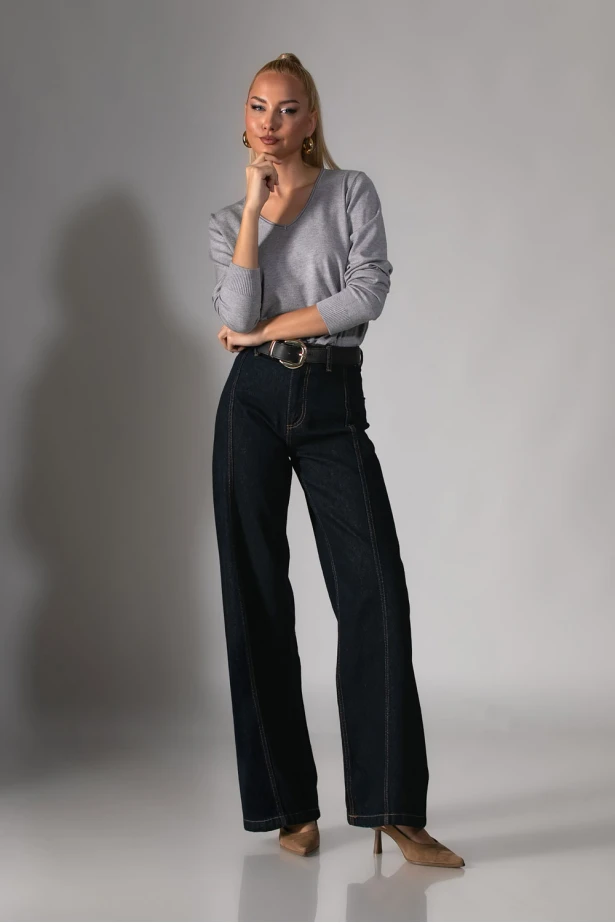 Basic μακρυμάνικη μπλούζα με v λαιμόκοψη γκρι