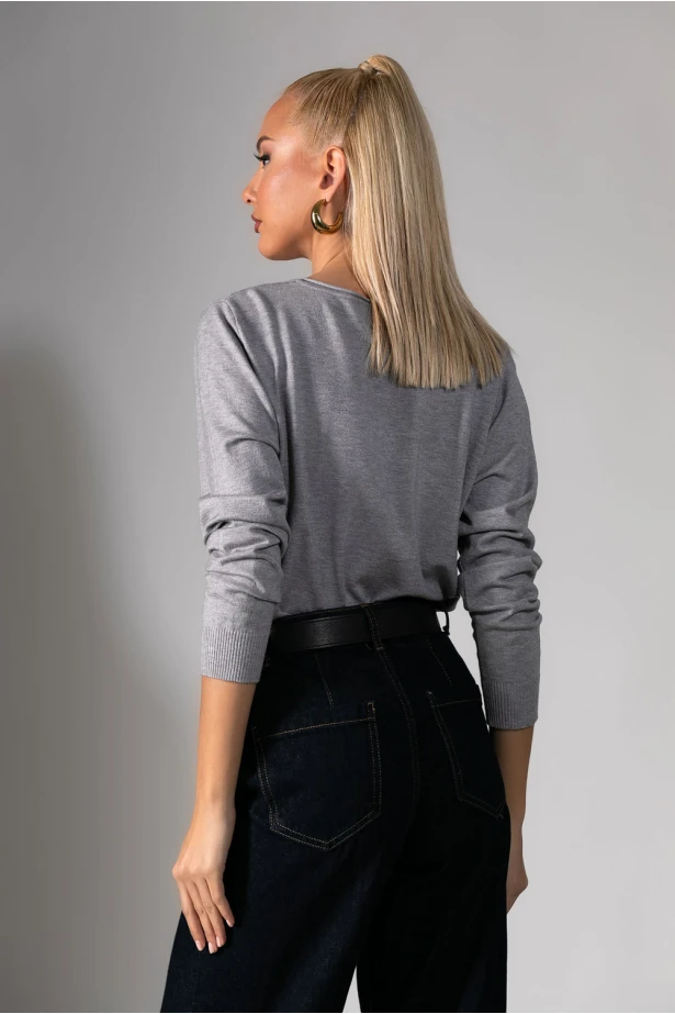 Basic μακρυμάνικη μπλούζα με v λαιμόκοψη γκρι