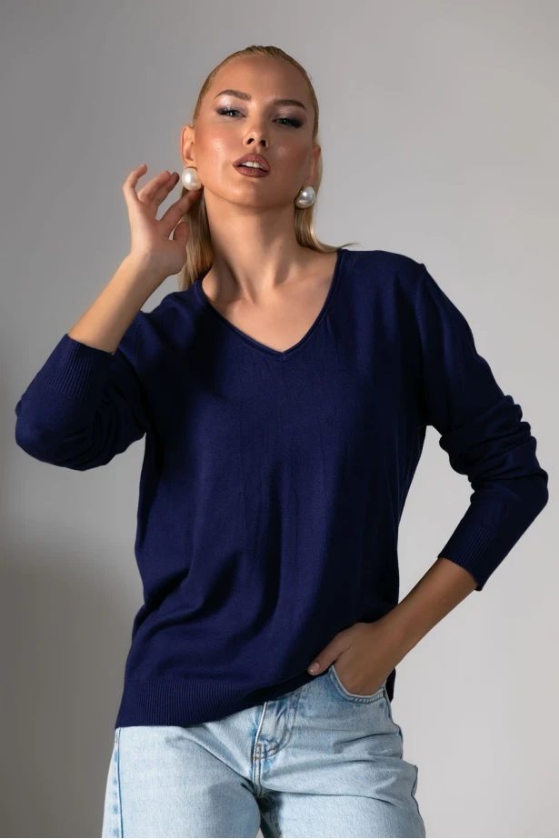 Basic μακρυμάνικη μπλούζα με v λαιμόκοψη μπλε