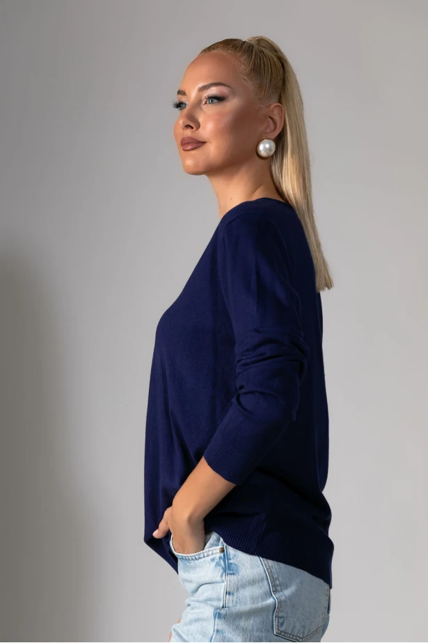 Basic μακρυμάνικη μπλούζα με v λαιμόκοψη μπλε