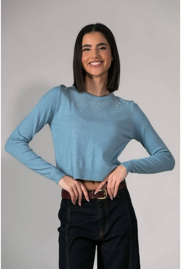 Πλεκτή cropped μπλούζα με στρας σιέλ