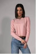 Πλεκτή cropped μπλούζα με στρας ροζ