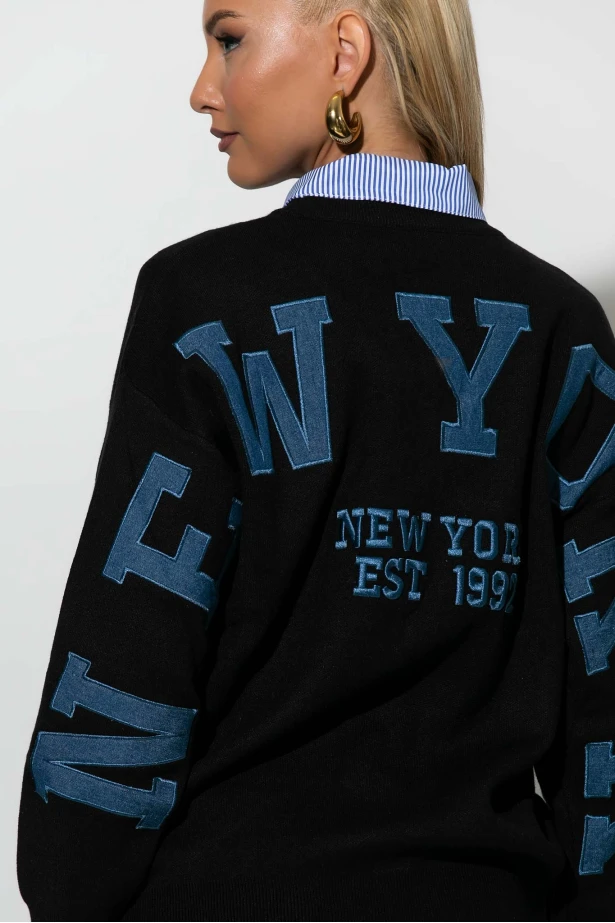 Πλεκτή μπλούζα με patch new york πίσω μαύρο
