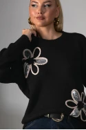 Πλεκτή μπλούζα και patch λουλούδια μαύρο