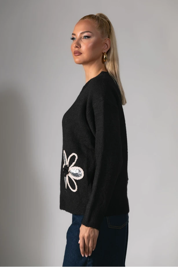 Πλεκτή μπλούζα και patch λουλούδια μαύρο