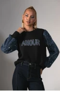 Πλεκτή μπλούζα με λεπρομέρειες στα μανίκια και στάμπα amour μαύρο