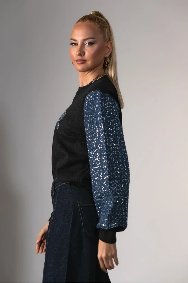 Πλεκτή μπλούζα με λεπρομέρειες στα μανίκια και στάμπα amour μαύρο