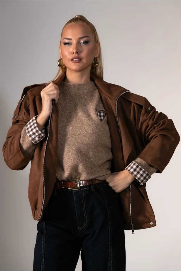 Πλεκτή μπλούζα με καρό λεπτομέρειες στα μανίκια καφέ 