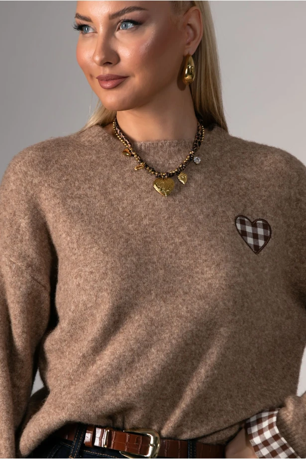 Πλεκτή μπλούζα με καρό λεπτομέρειες στα μανίκια καφέ 