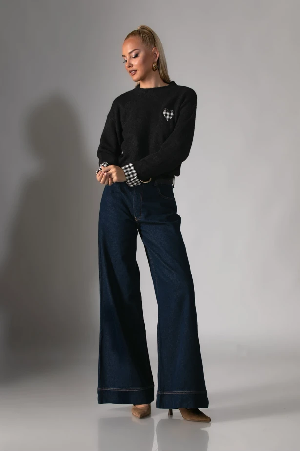 Πλεκτή μπλούζα με καρό λεπτομέρειες στα μανίκια μαύρο