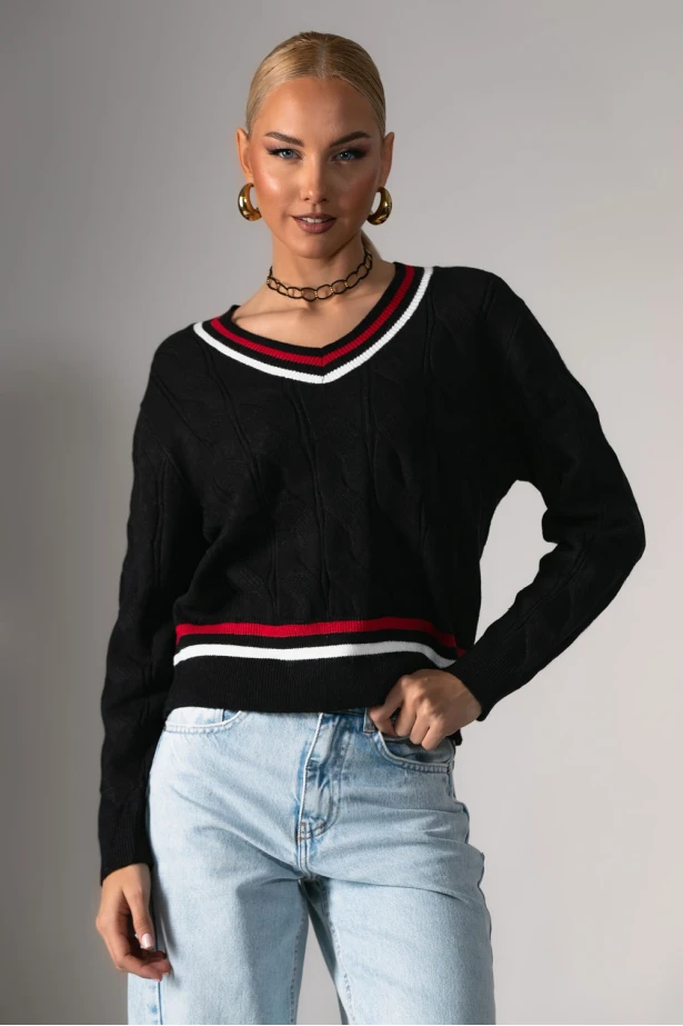 Πλεκτή μπλούζα με v και ρίγα μαύρο