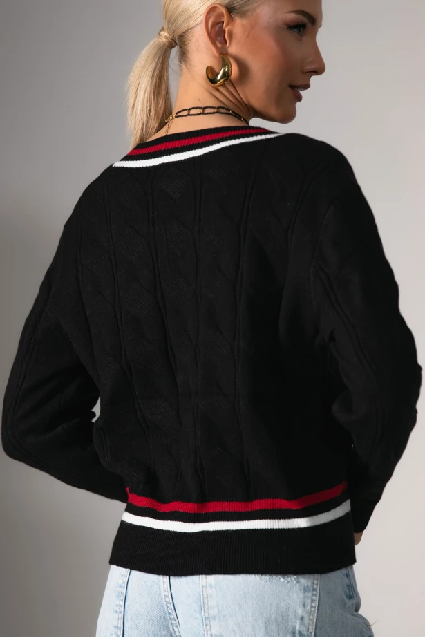 Πλεκτή μπλούζα με v και ρίγα μαύρο