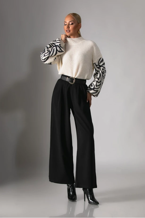 Πλεκτή μπλούζα με balloon μανίκια και σχέδια εκρού