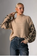 Πλεκτή μπλούζα με balloon μανίκια και σχέδια μπεζ