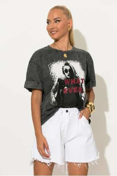 T-shirt με στάμπα woman what ever ανθρακί