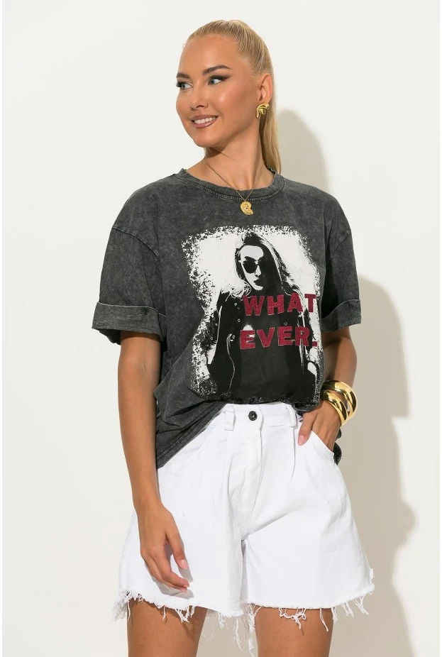 T-shirt με στάμπα woman what ever ανθρακί