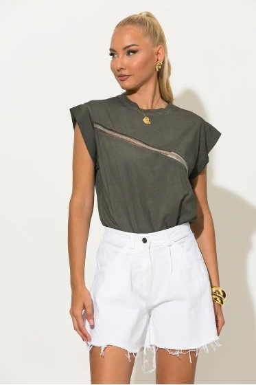T-shirt με διαφάνεια και στρας στο ντεκολτέ ανθρακί