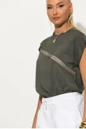 T-shirt με διαφάνεια και στρας στο ντεκολτέ ανθρακί