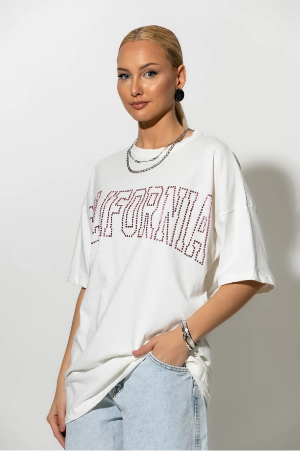 Oversized t-shirt με strass california λευκό Oversized t-shirt με strass california λευκό