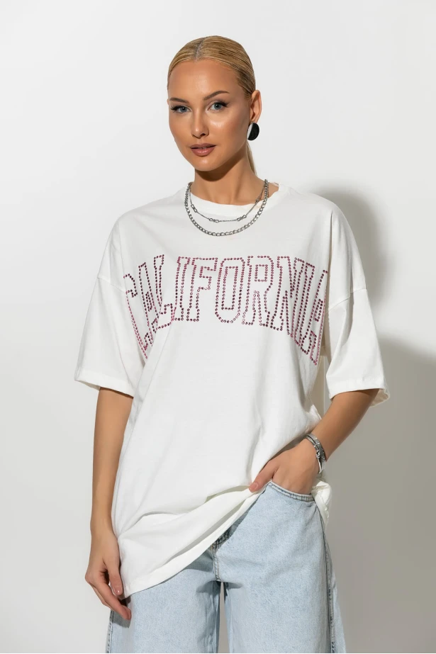 Oversized t-shirt με strass california λευκό Oversized t-shirt με strass california λευκό
