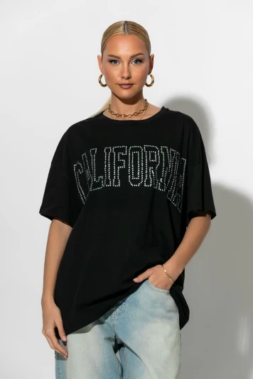 Oversized t-shirt με strass california μαύρο