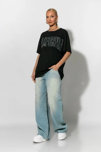 Oversized t-shirt με strass california μαύρο