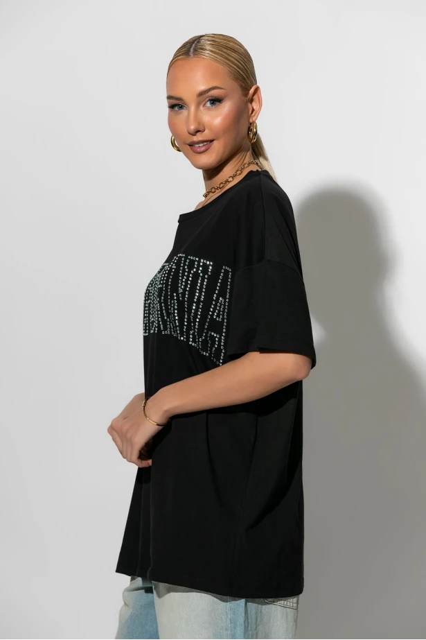 Oversized t-shirt με strass california μαύρο