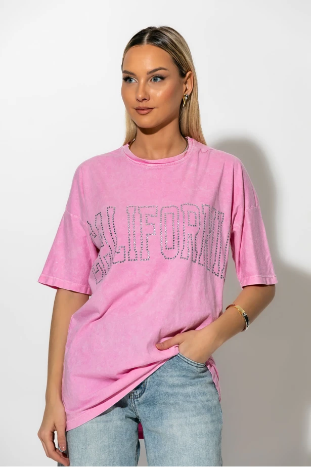 Oversized t-shirt με strass california ροζ Oversized t-shirt με strass california ροζ