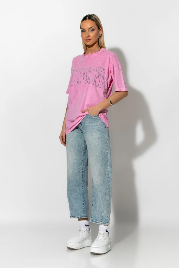 Oversized t-shirt με strass california ροζ Oversized t-shirt με strass california ροζ