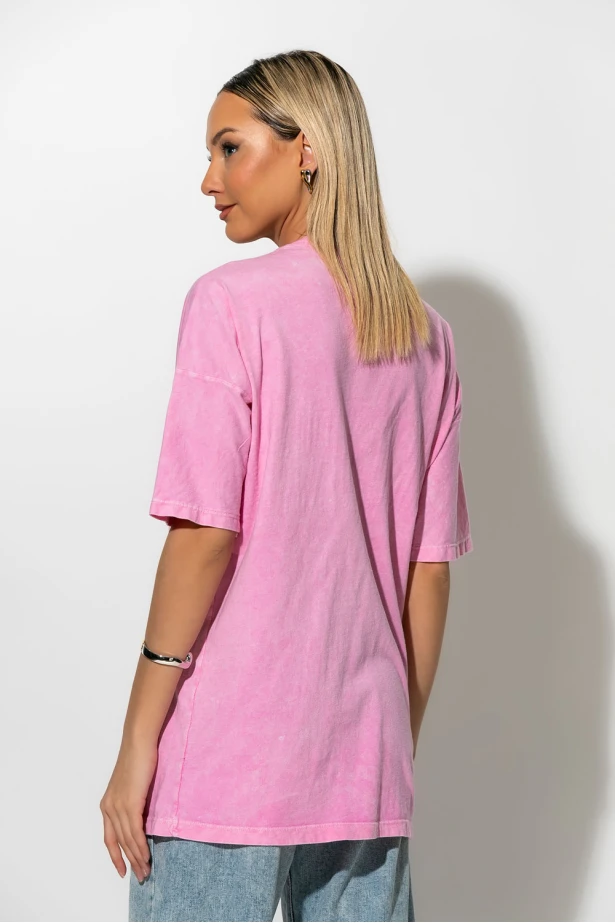 Oversized t-shirt με strass california ροζ Oversized t-shirt με strass california ροζ