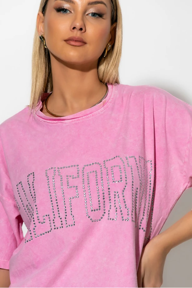 Oversized t-shirt με strass california ροζ Oversized t-shirt με strass california ροζ
