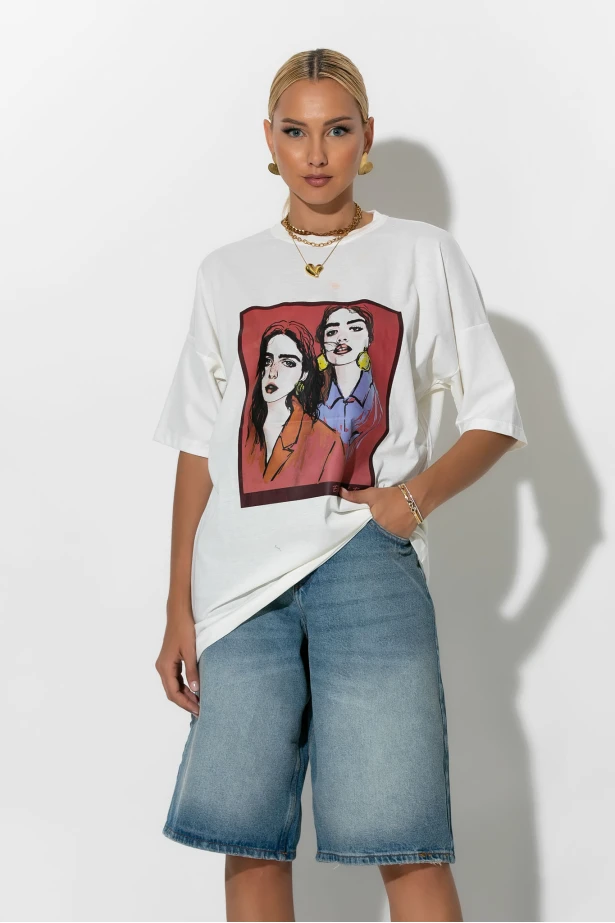 T-Shirt με στάμπα two girls λευκό T-Shirt με στάμπα two girls λευκό