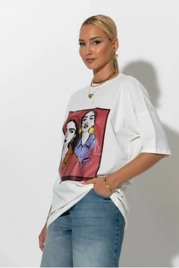T-Shirt με στάμπα two girls λευκό